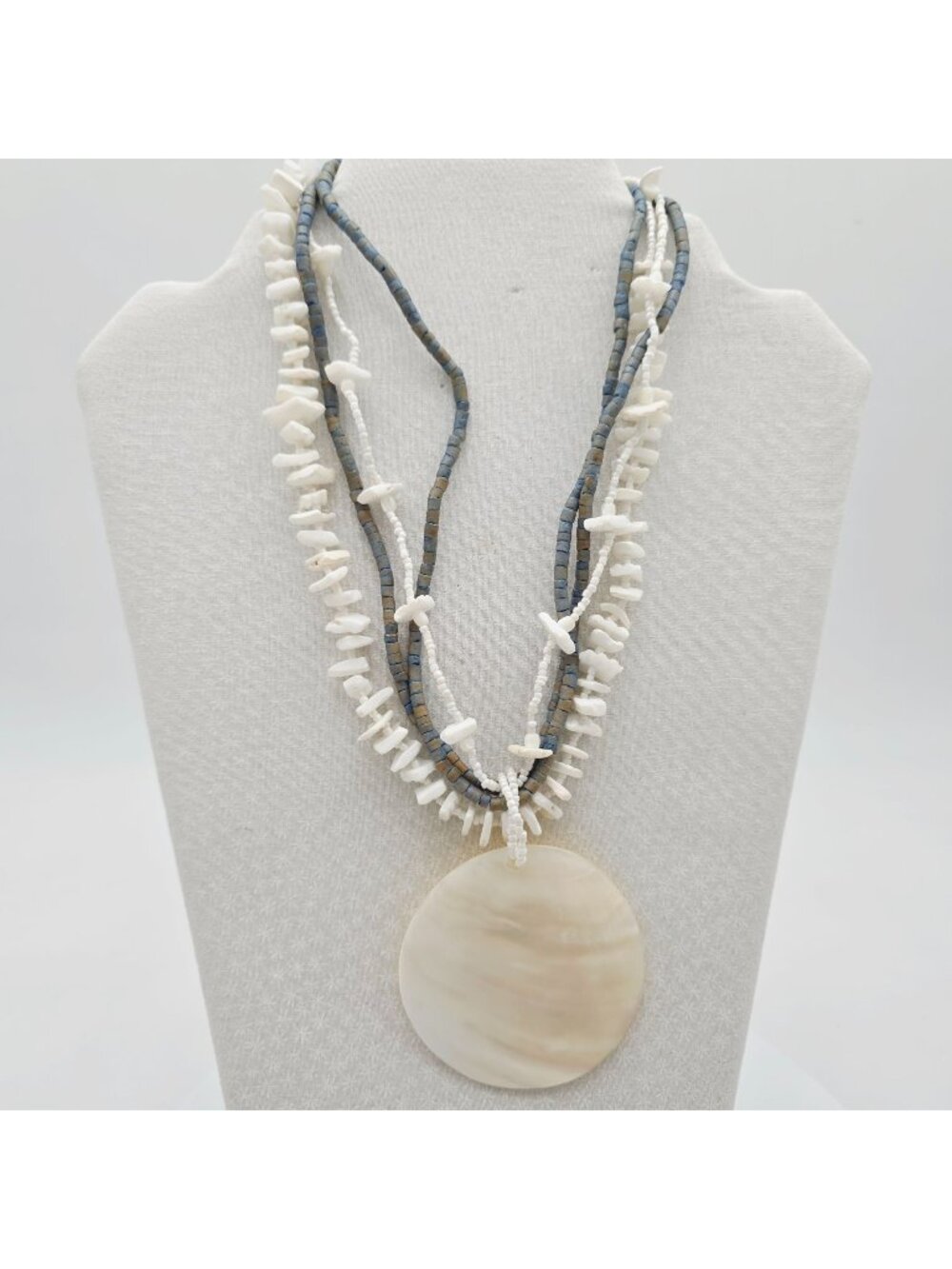 Blue & White Beaded Necklace With Shell Pendant Multi-Strand Design